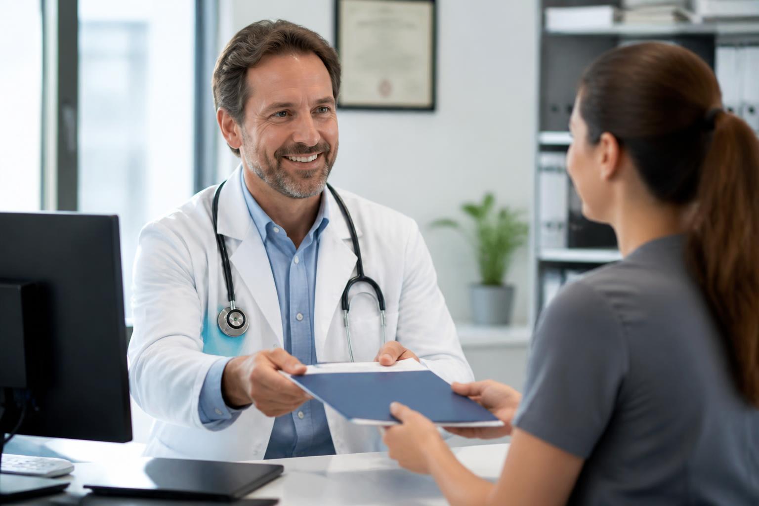 Un médecin remet son dossier à une gestionnaire, dans un cabinet